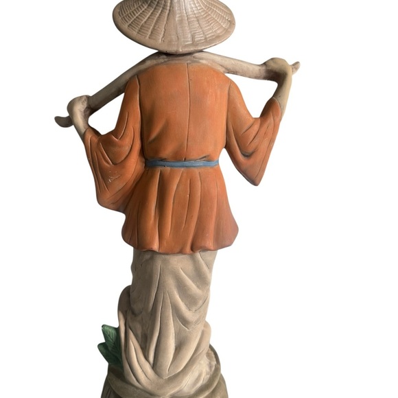 Vintage Asian Handcrafted Farmer Statue in Orange and Brown - Picture 6 of 8